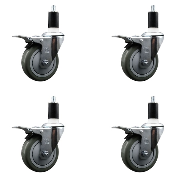 4'' SS Gray Poly Swivel 1-3/8'' Expanding Stem Caster Set Total Lock Brake, 4PK